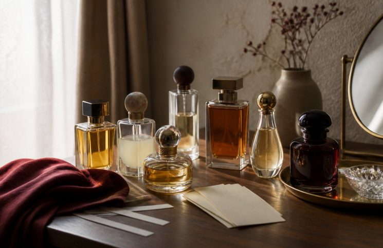 Perfumes que usan las famosas: cómo inspirarte sin comprar a ciegas Perfumes sin marca y tiras olfativas sobre un tocador