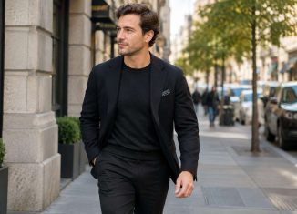 Hombre viste una chaqueta oscura de inspiración formal en la calle