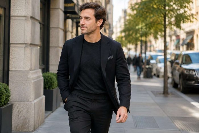 Qué detalles del estilo de alfombra roja funcionan fuera de los focos Hombre viste una chaqueta oscura de inspiración formal en la calle