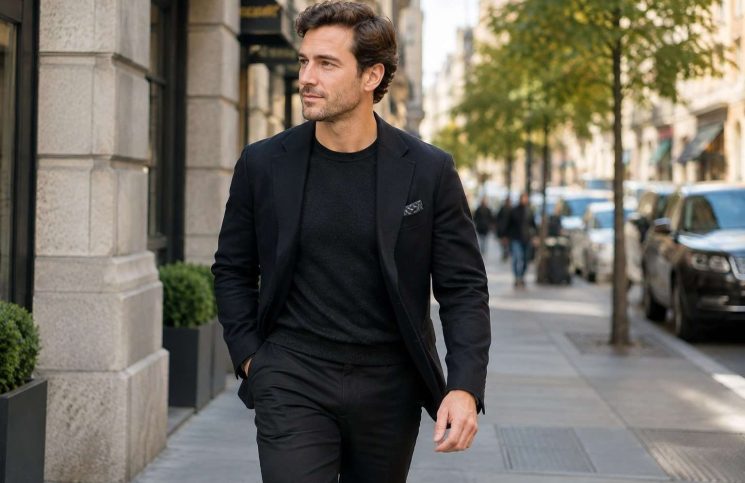 Hombre viste una chaqueta oscura de inspiración formal en la calle